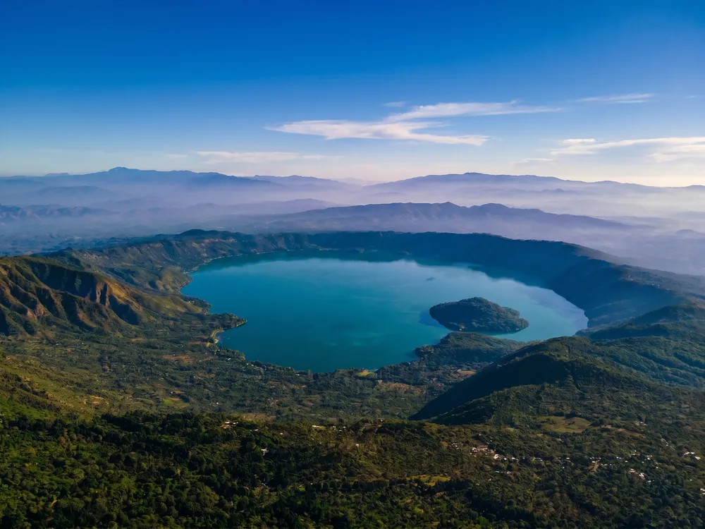 Lake Ilopango, a volcanic caldera lake with cabanas and water sports