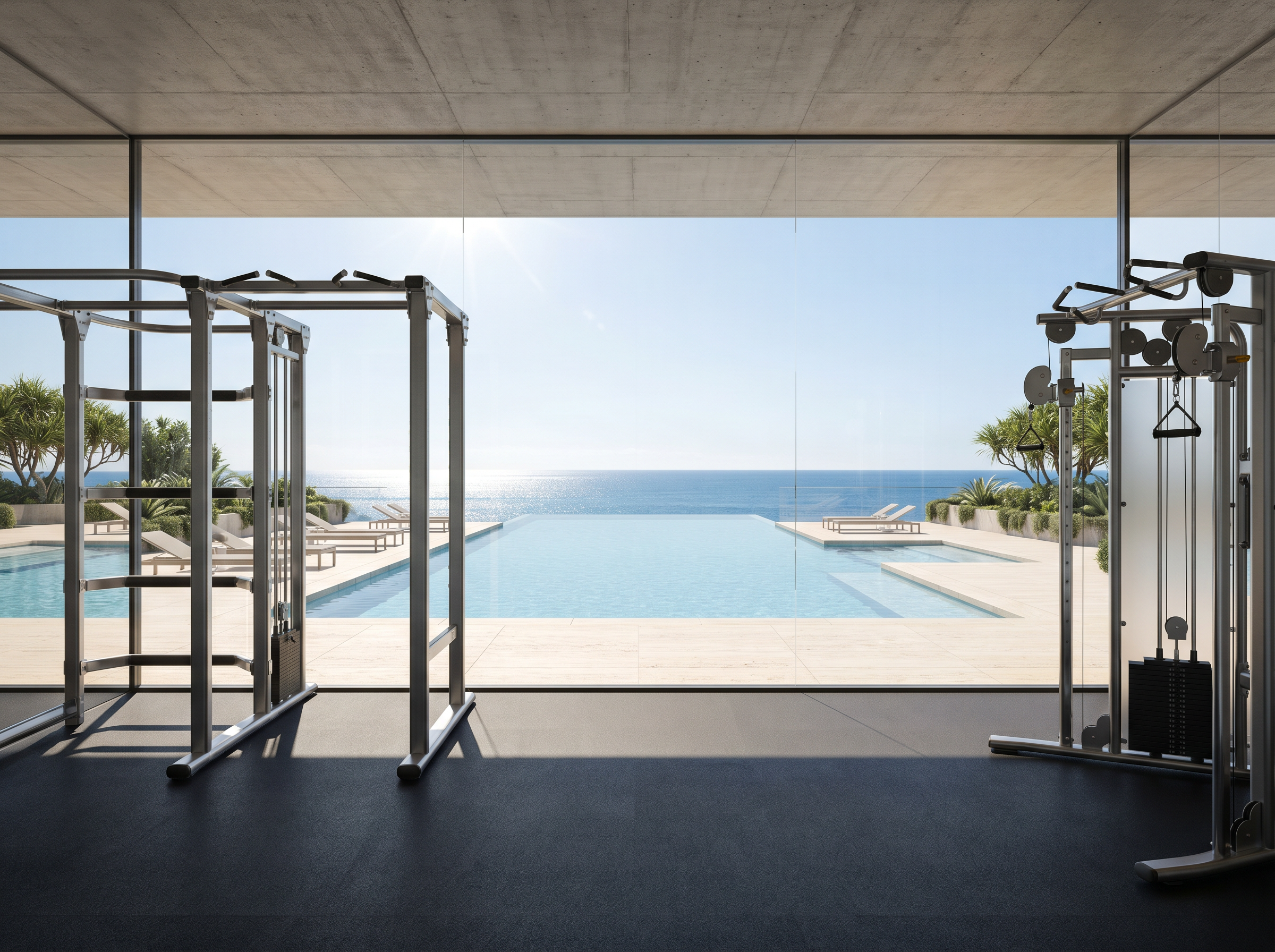 Compound infinity pool and gymnasium at dusk