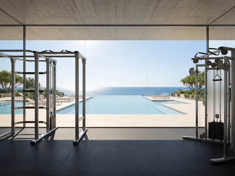 Shared infinity pool and gymnasium at the El Alto compound, Playa El Zonte, El Salvador