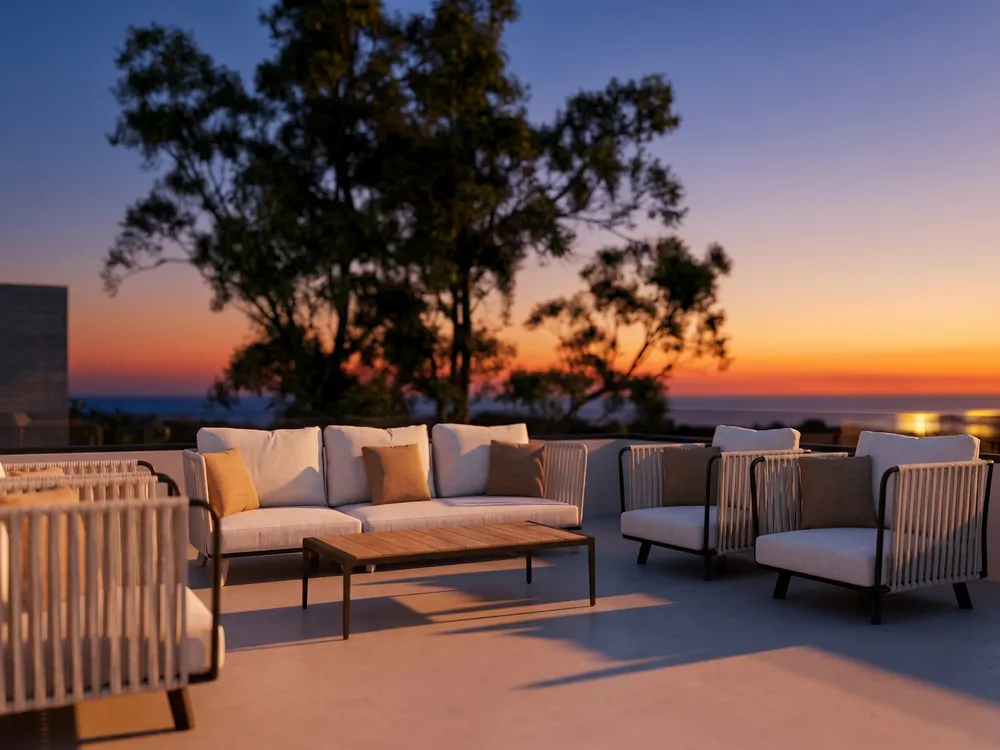 Private rooftop terrace and pool at sunset above the Pacific Ocean, El Alto OceanView Residences, El Zonte
