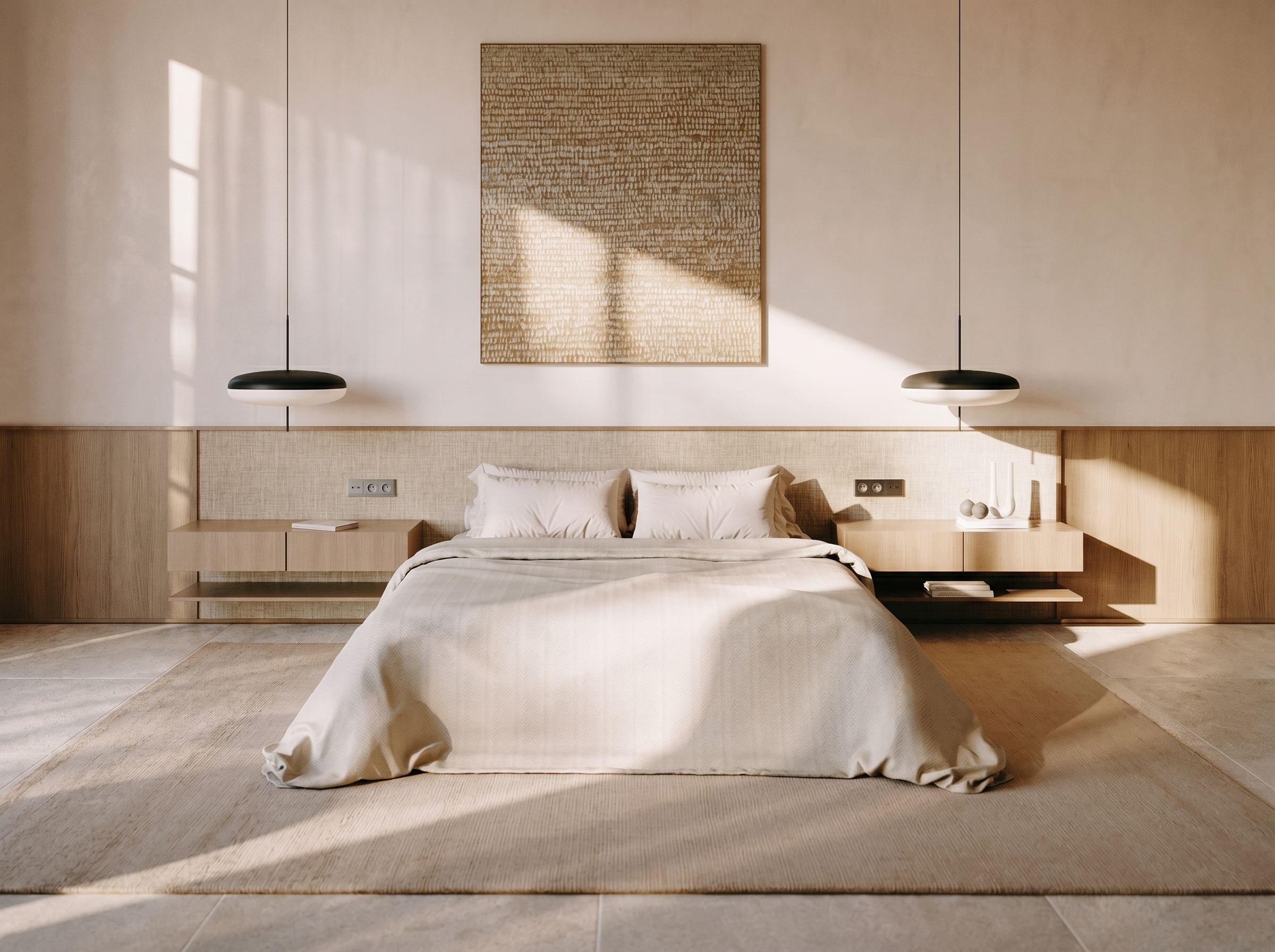 Master suite bedroom with direct ocean sightlines, linen and concrete finishes